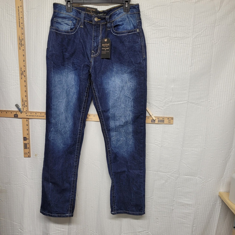 Method Mens Relaxed Straight Fit Jeans Dark Wash Embroidered Pockets 32x30